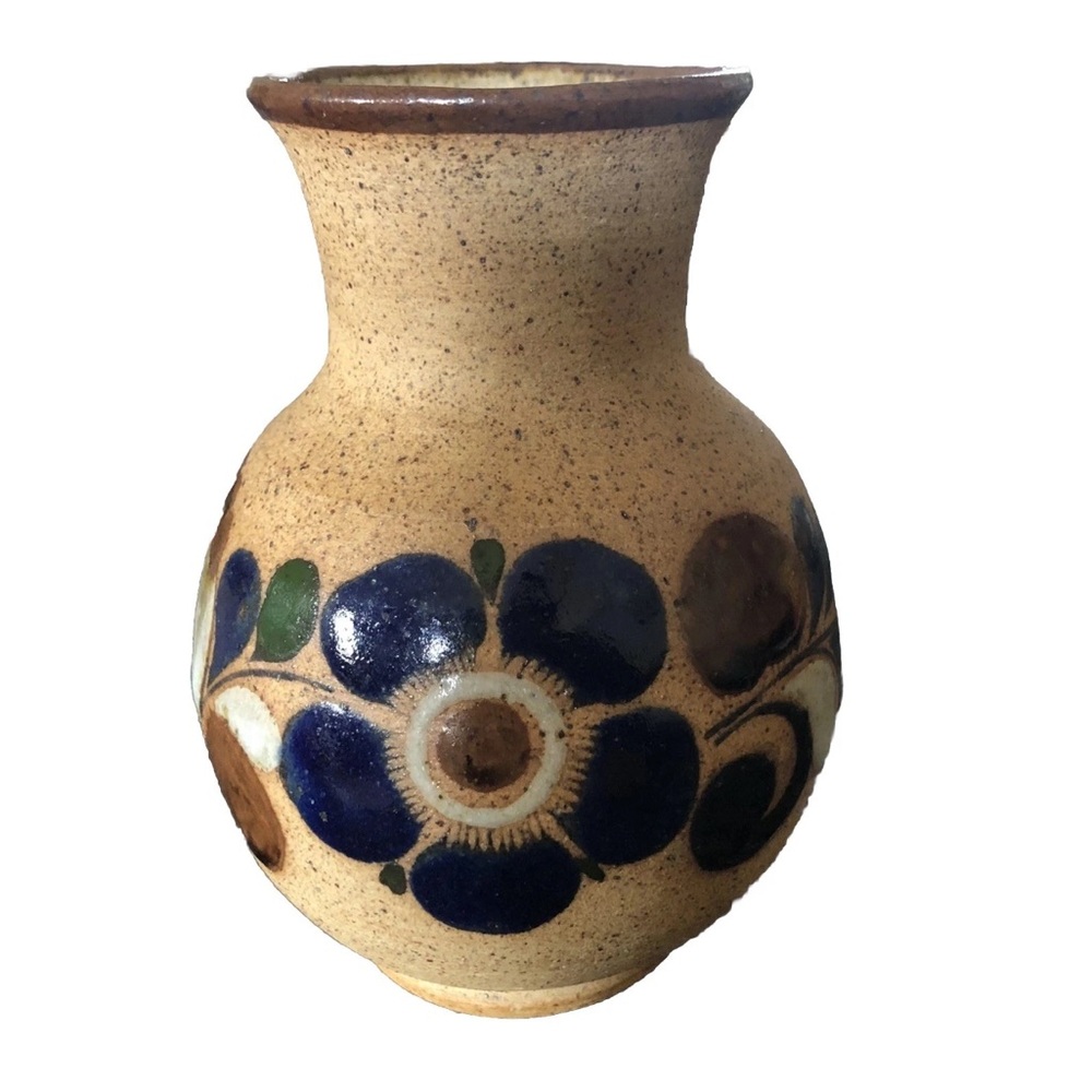 Mexican Tonala stoneware bud vase hand-painted blue floral Vintage